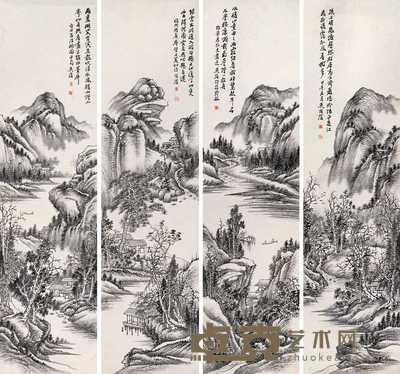 吴滔 1894年作 山水 四屏 152×40cm×4